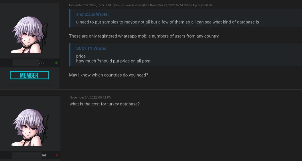 Фрагмент объявления о продаже номеров WhatsApp