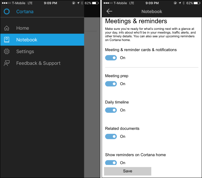 Категории уведомлений Cortana в блокноте приложения