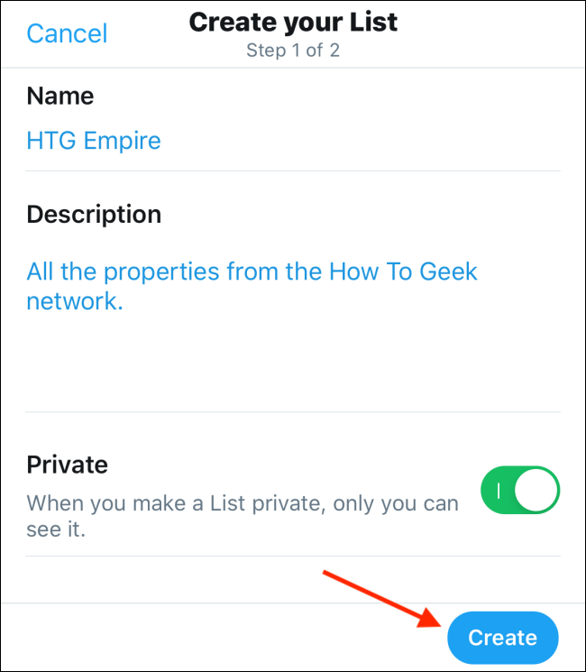 Нажмите Создать для создания списка