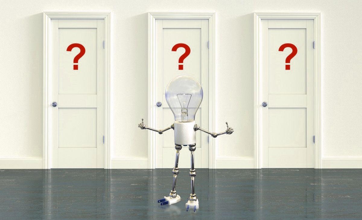 A robot with a light bulb head and question marks behind it