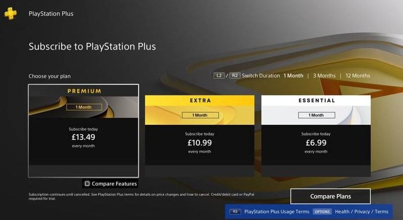 Изображение карточек тарифов PlayStation Plus