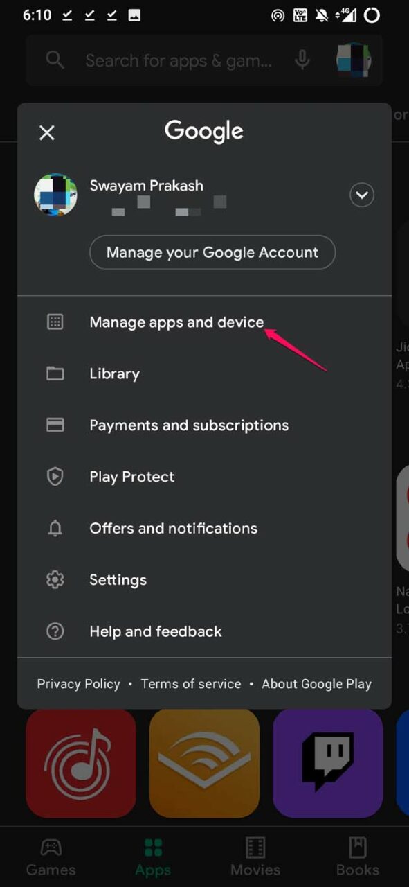 tap on Manage Apps and device