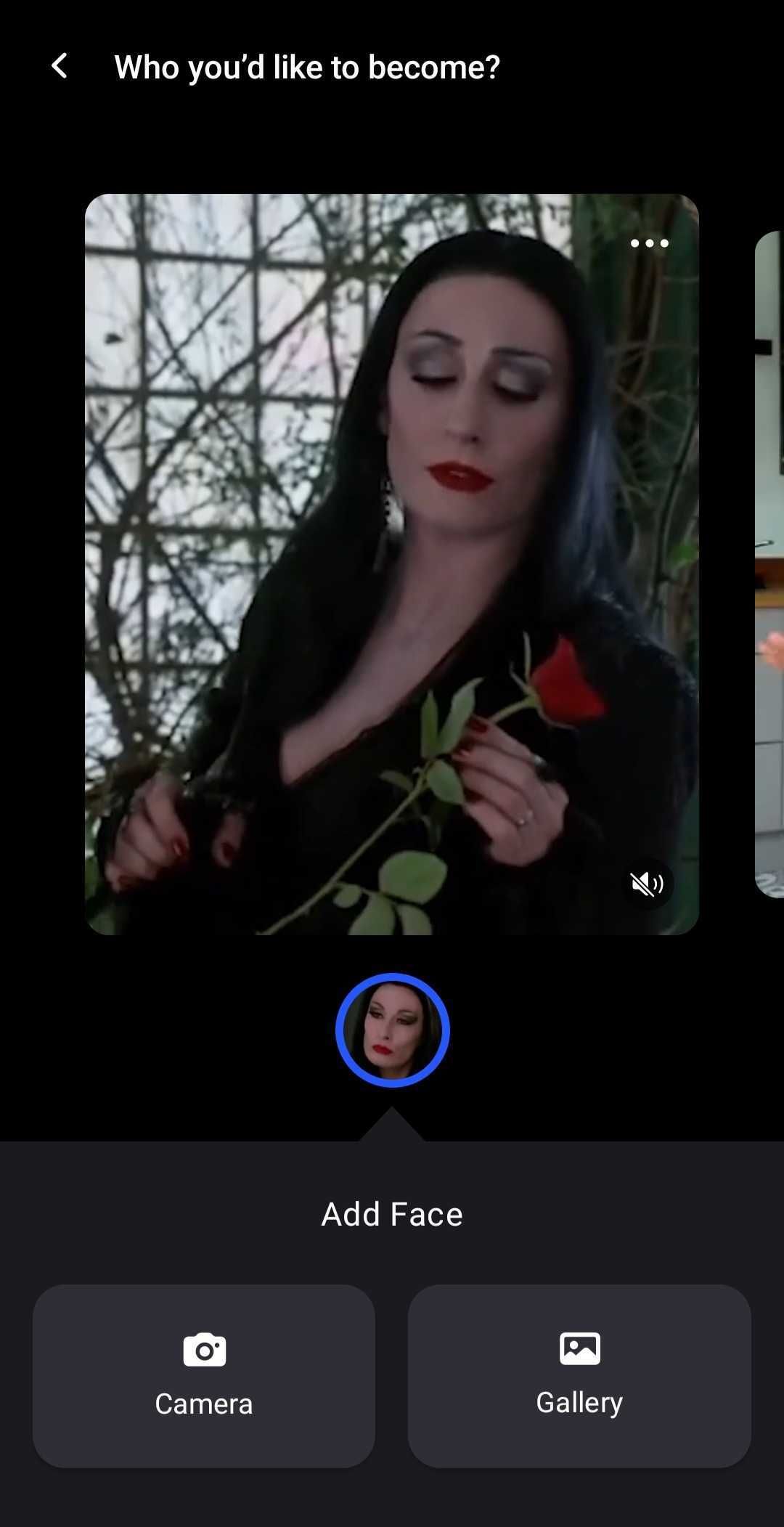 скриншот выбора шаблона в Reface с Мортией Аддамс