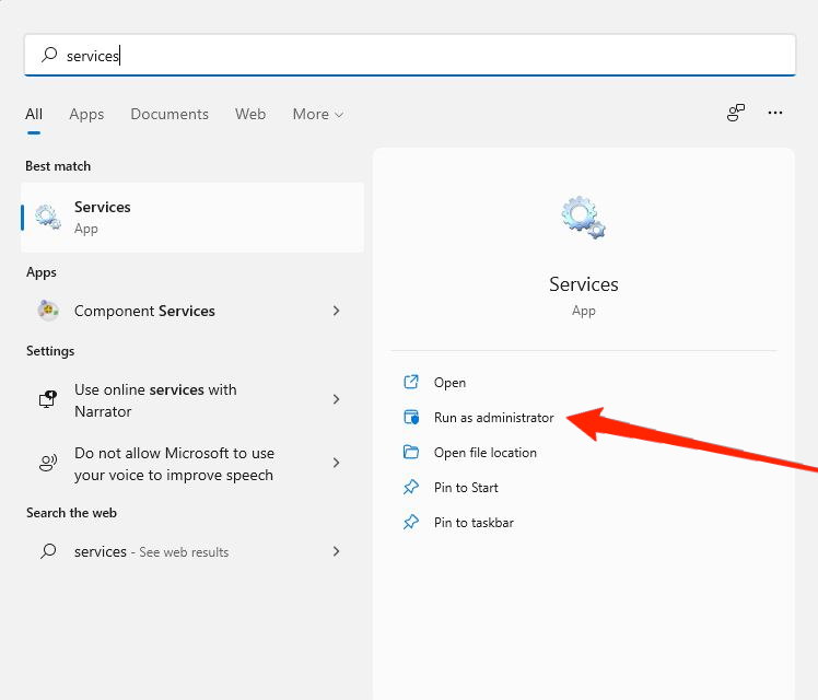 Приложение 'Службы' в Windows 11