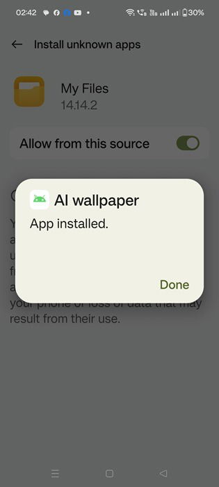 App installed alert for AI Wallpapers on Android 14.
