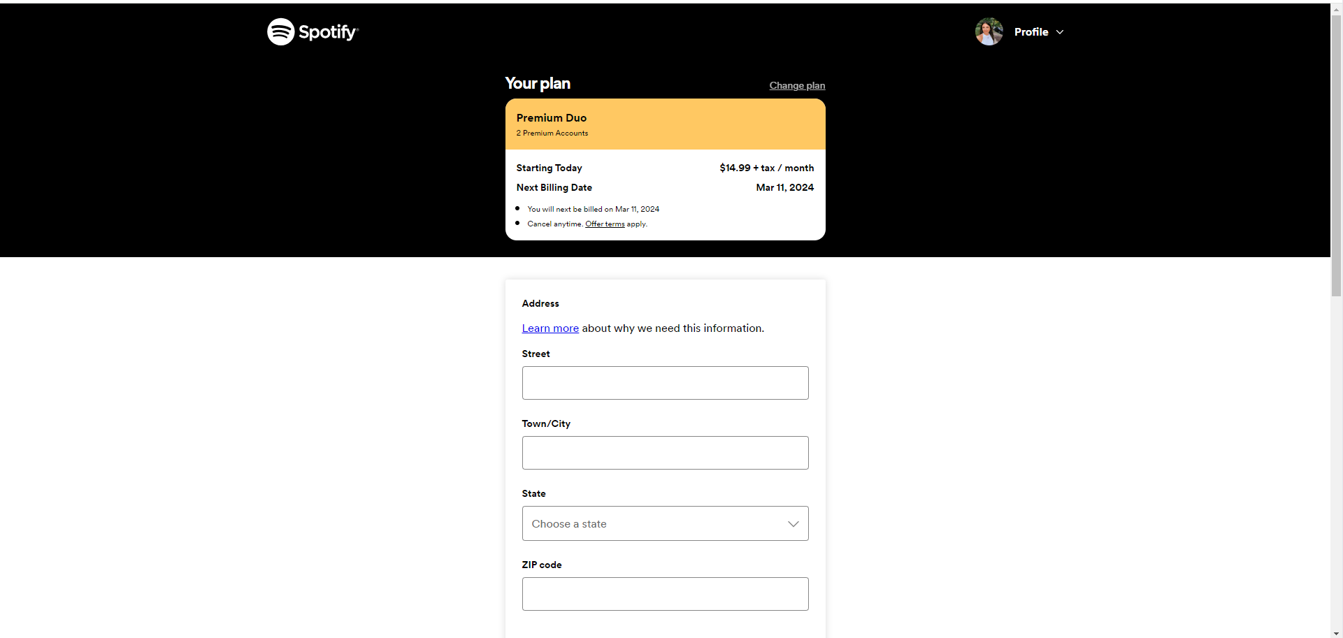 Spotify Duo Payment Menu