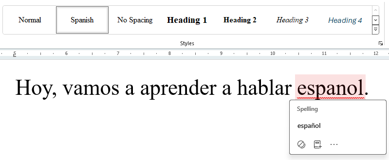 Ошибка в слове 'espanol' и предложение исправления Word