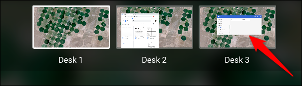 Для переключения между рабочими столами кликните нужный в режиме обзора.