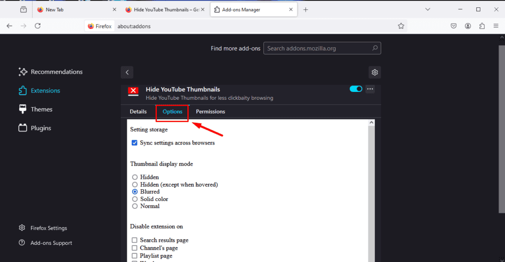 Настройки расширения для миниатюр