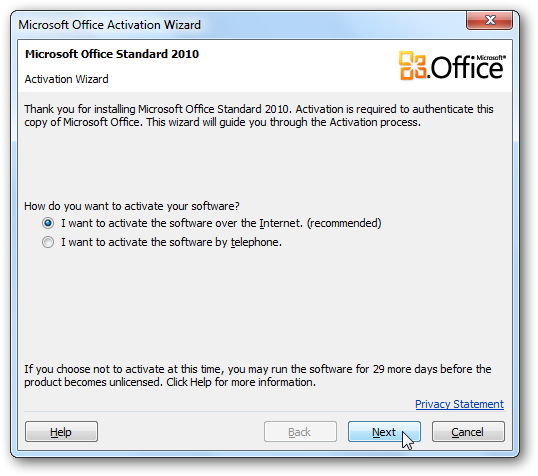 Статус активации в Office 2010