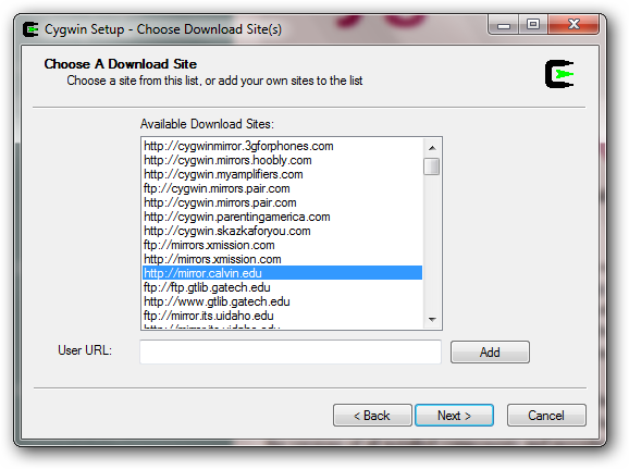Выбор зеркала для загрузки пакетов Cygwin