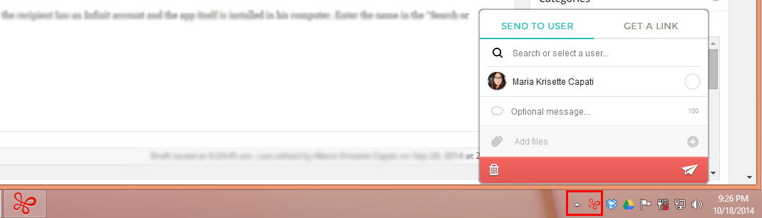 Меню отправки с опциями отправить пользователю и получить ссылку