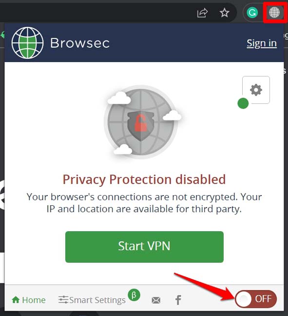 Иконка расширения VPN в браузере Windows — выключение VPN.