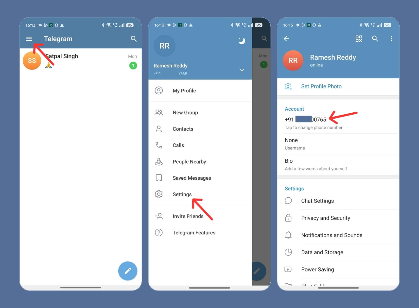 Экран настроек Telegram на Android с выделением номера