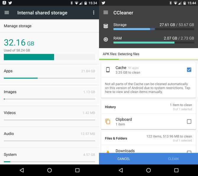 Экран с разбивкой использования памяти на Android и категориями приложений