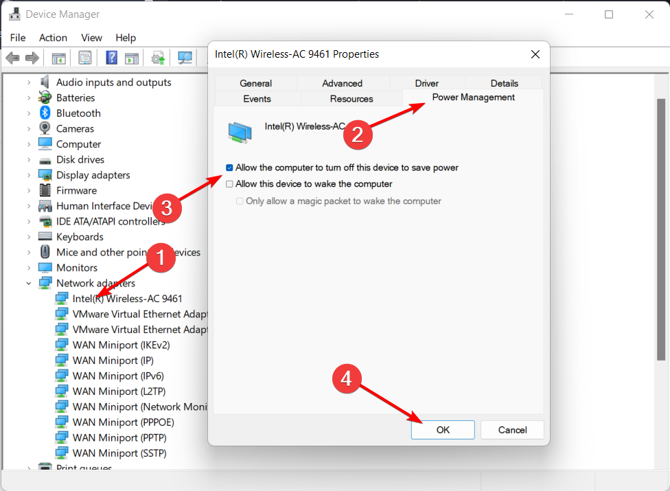 Свойства сетевого адаптера — отключение энергосбережения