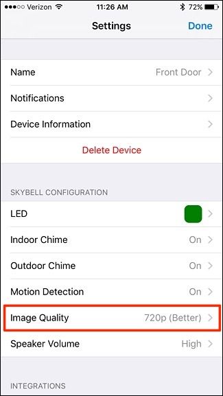 Пункт меню Качество изображения в приложении SkyBell