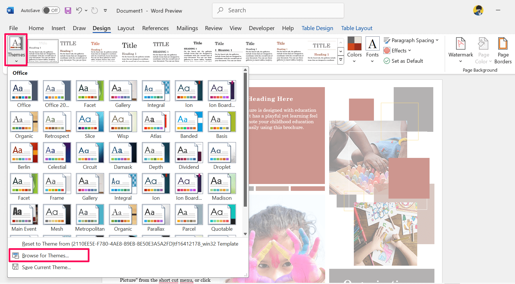 Нажмите Обзор тем, чтобы выбрать файл темы на диске