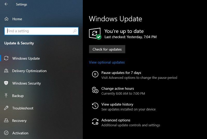 Страница обновлений в настройках Windows 10