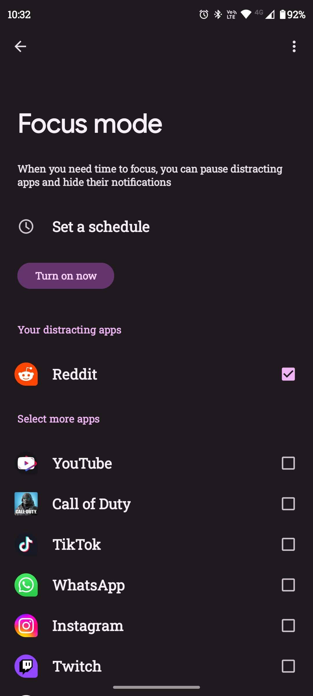 Reddit выбран в списке приложений (пример интерфейса выбора)