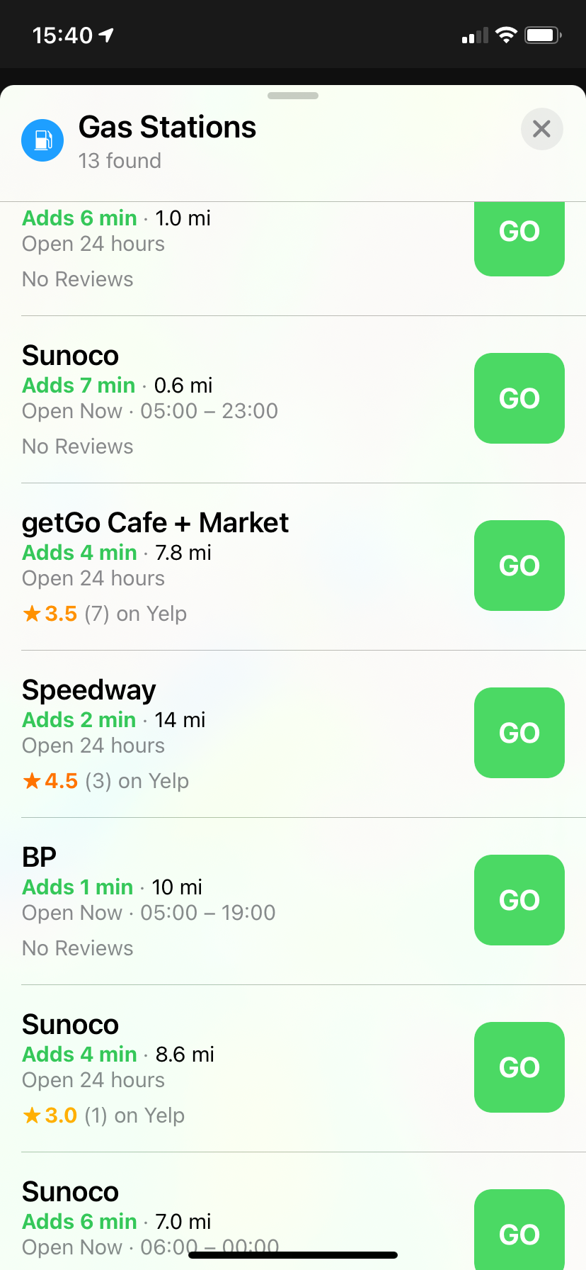 Apple Maps: список заправок вдоль маршрута