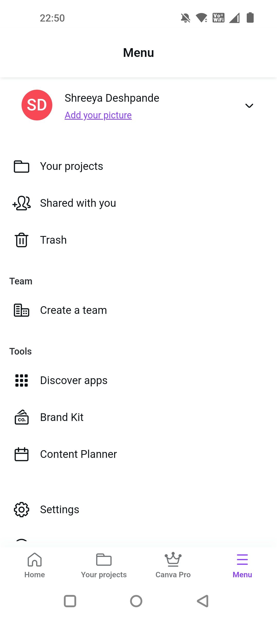 Меню приложения Canva с разделами и настройками