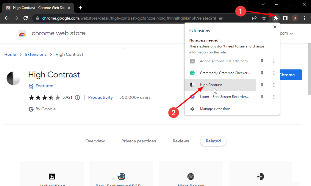 Выбор расширения High Contrast в Chrome