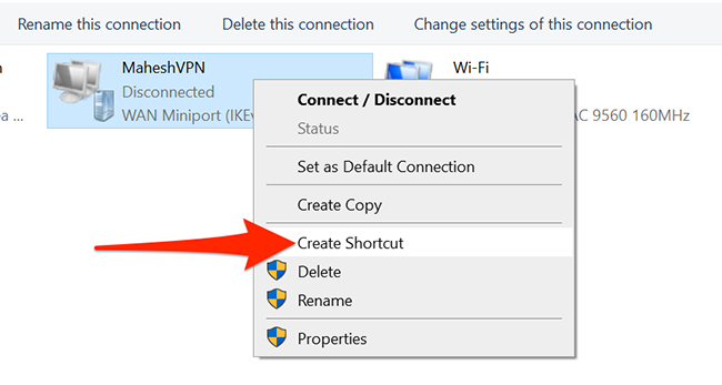 Правый клик по VPN и выбор «Создать ярлык» в Панели управления