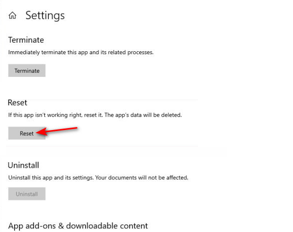 Кнопка «Сброс» в расширенных параметрах приложения