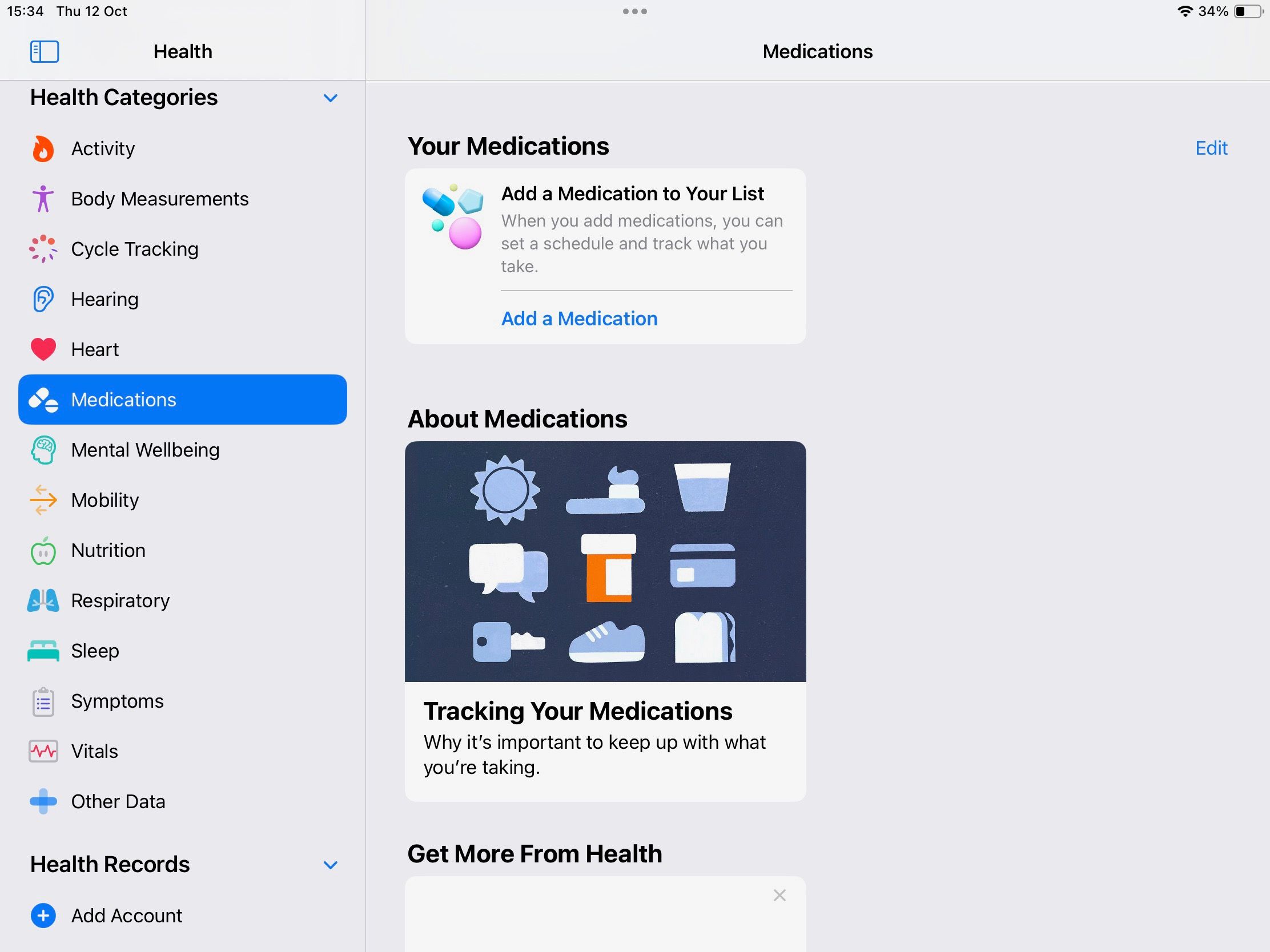 Раздел Медикаменты в приложении Health на iPad