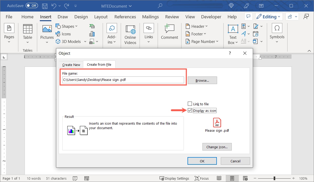 Поле Имя файла и опция Отображать как значок
