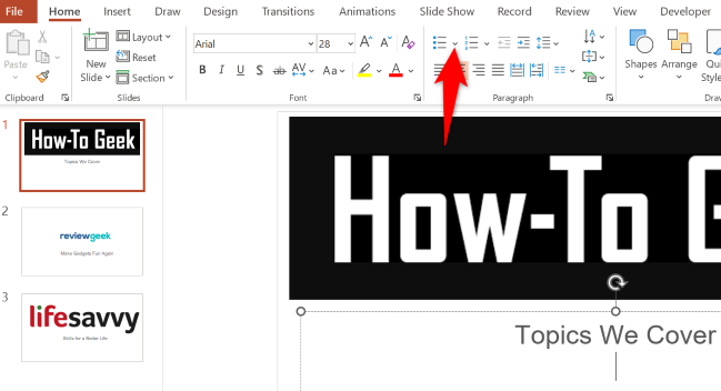Выберите стрелку рядом с кнопкой «Маркированный список».
