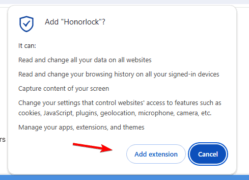 Подтвердить добавление расширения Honorlock в Chrome