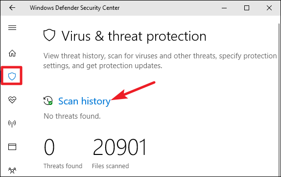 Вкладка «Windows Defender» с ссылкой «История сканирования»