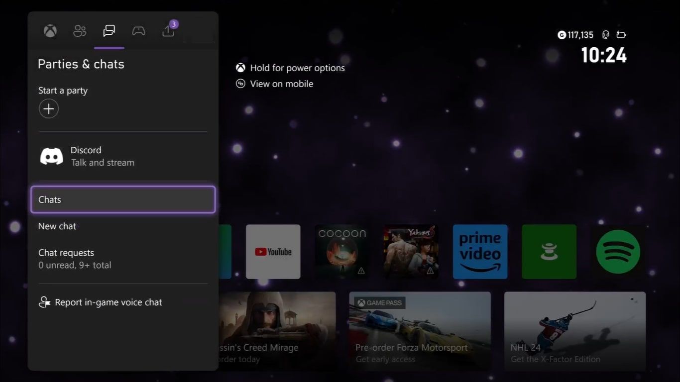 Секция Parties & Chats в меню Guide Xbox Series X