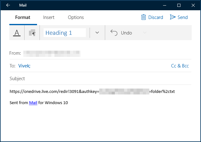 Скриншот: вставка ссылки OneDrive в письмо