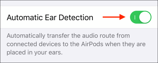 Переключатель Автоматического обнаружения уха в настройках AirPods
