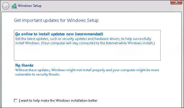 Выбор 'Подключиться к сети для установки обновлений сейчас (рекомендуется)'