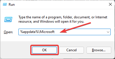 Окно команды Выполнить с введённым %appdata%Microsoft.