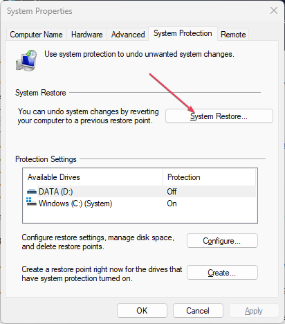 Окно 'Создание точки восстановления'