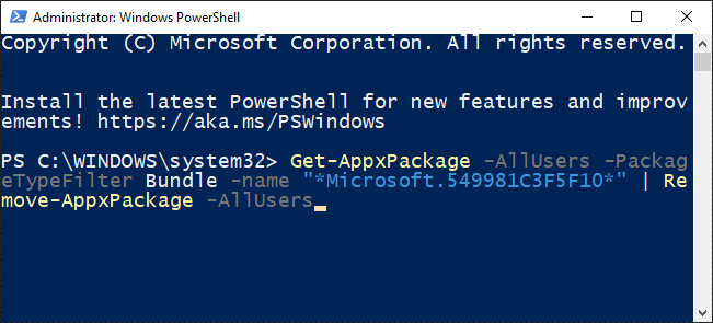 Введите команду для удаления Cortana для всех пользователей в PowerShell