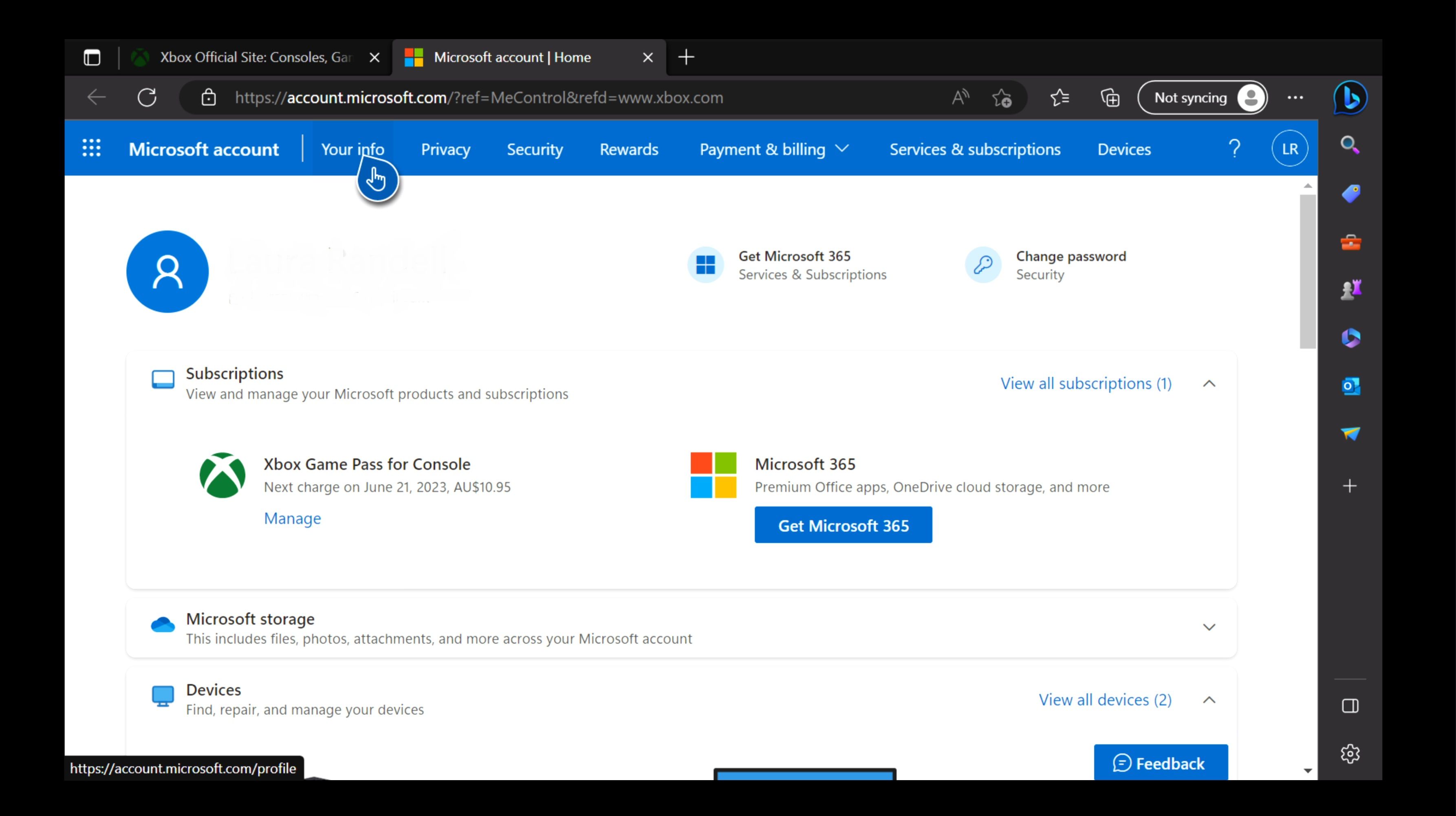Информация учётной записи Microsoft на Xbox