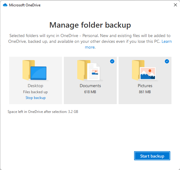Диалог запуска резервного копирования OneDrive с кнопкой Backup now
