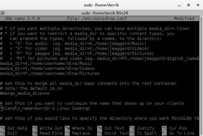 Открытие файла конфигурации minidlna
