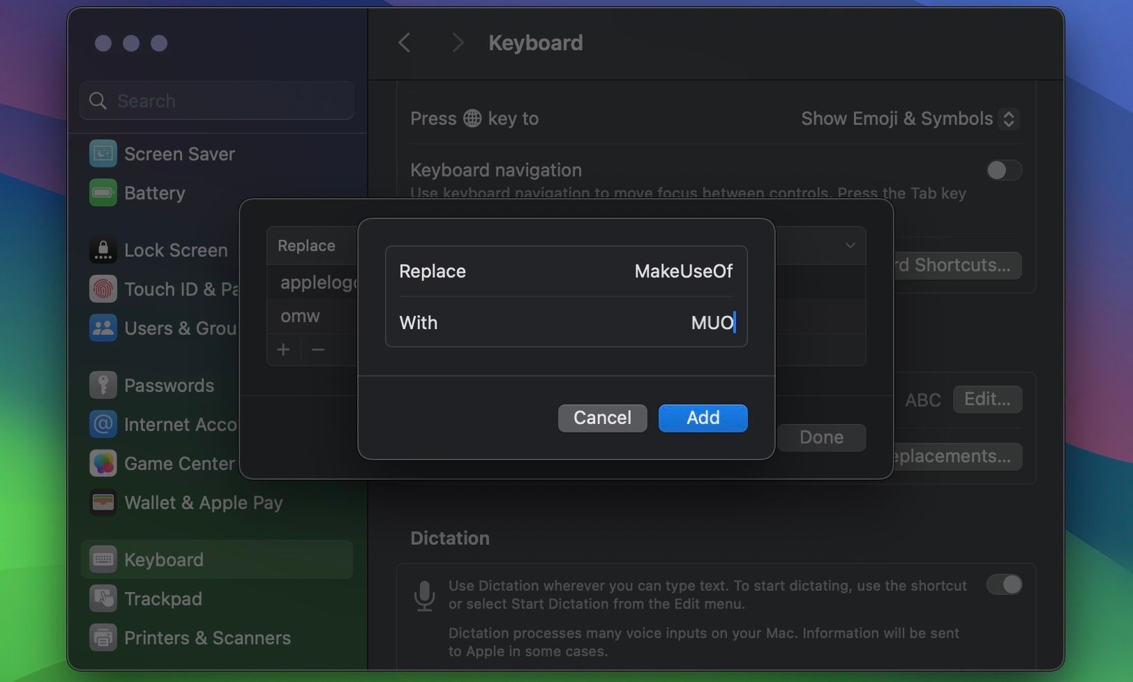 Параметры замены текста на Mac