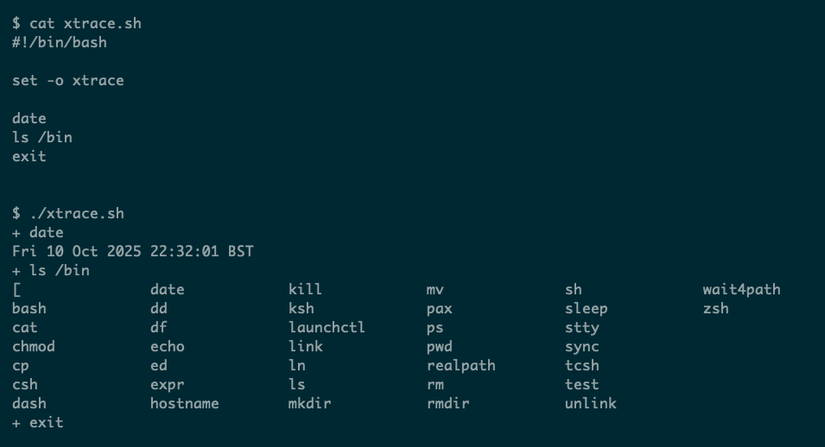Saída de script com set -o xtrace mostrando comandos date e ls.
