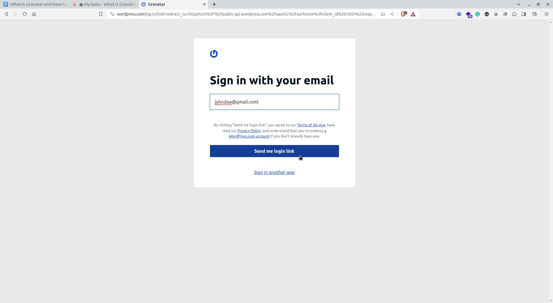 Страница входа Gravatar с запросом email