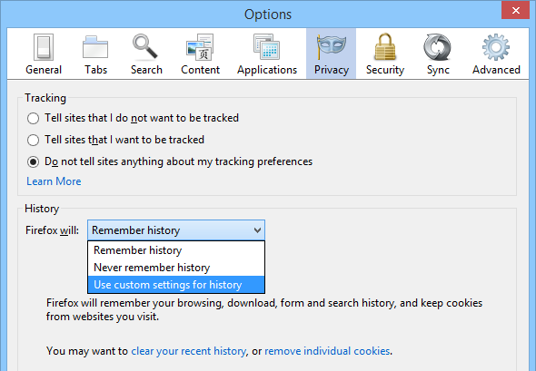 Пользовательские настройки истории в Firefox