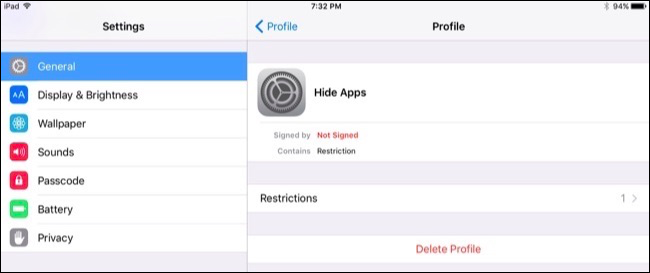 Просмотр и удаление профиля в iOS через Настройки.
