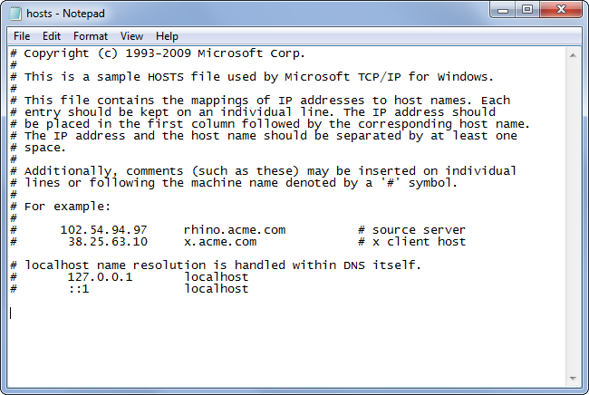 пример стандартного файла hosts в Windows 7